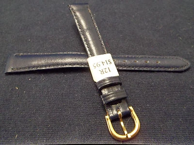 New Made in France Blue Genuine Leather 12mm Watch Band Gold Tone Buckle - Image 1 of 4