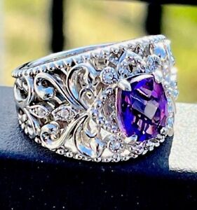 EFFY Purple Amethyst & White Sapphire Filigree Ring .925 Sterling Silver Size 7