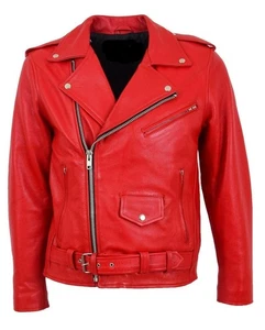Classic Brando Biker Red Cowhide Leather Jacket (Perfecto) in Red Milled cowhide - Picture 1 of 5