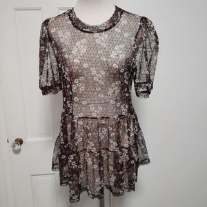 Camicia lunga Meraki trasparente nera floreale sbuffo maniche corte taglia XL - Foto 1 di 8