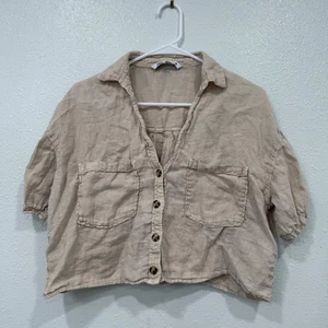 Camisa Top Zara Para Mujer Mediana Beige Mezcla de Lino Recortada con Botones - Imagen 1 de 6