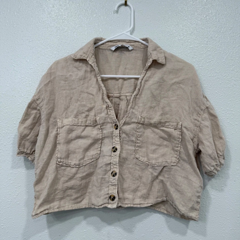 Camisa Top Zara Para Mujer Mediana Beige Mezcla de Lino Recortada con Botones Foto 1 de 4