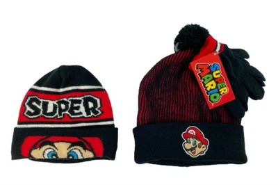 Lot of Nintendo Super Mario Boy's Beanie & Gloves Set - Black & Red - Image 1 of 4