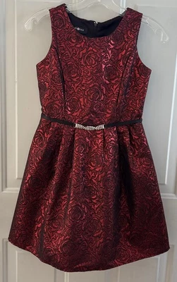 Girls Amy Byer Dress 12 Sleeveless Shiny Red&Blk Floral Rhinestone Belt Holiday - Image 1 of 4