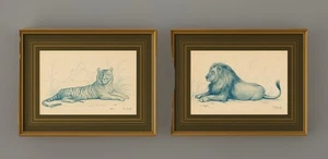 🖼️1980s Animal Art Print Pair - Signed By Joel Kirk – Lion & Tiger Set. Framed. - Picture 1 of 7