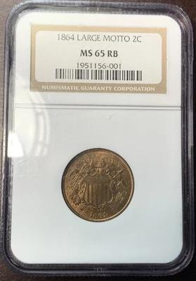 1864 2c Large Motto 2 Cent NGC MS65 RB Red Brown Quality Type Coin - Image 1 of 4