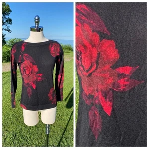 NEW Talbots Merino Wool Black Rose Floral Pullover Sweater Womens Small Petite - Picture 1 of 11