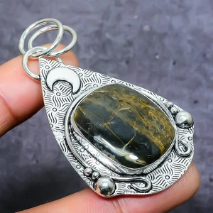 Ciondolo gioiello in argento sterling 925 con pietra preziosa Pietersite dorata 2,36" - Foto 1 di 2