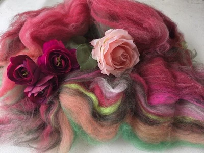 Rose Garden Wool Art Batt 3.60 oz Corriedale Merino For Spinning Felting - Image 1 of 4