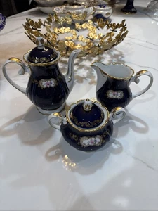 Reichenbach 8159 Pattern Echt Cobalt Floral Tea Pot, Sugar Bowl, Creamer Set. - Picture 1 of 22