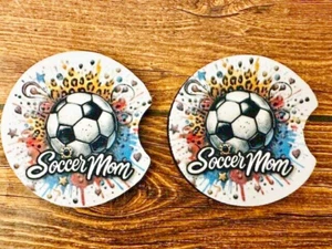 Set of 2 Custom Neoprene Car Coasters Soccer Mom Ball Leopard Splash Sports RTS - Picture 1 of 1