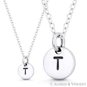 Initial Letter "T" 11mmx8mm Tiny Round Disc .925 Sterling Silver Charm / Pendant - Picture 1 of 3