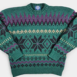 Vintage Gap Nordic Fair Isle Wool Sweater Size Large Green Chunky Knit - Picture 1 of 11