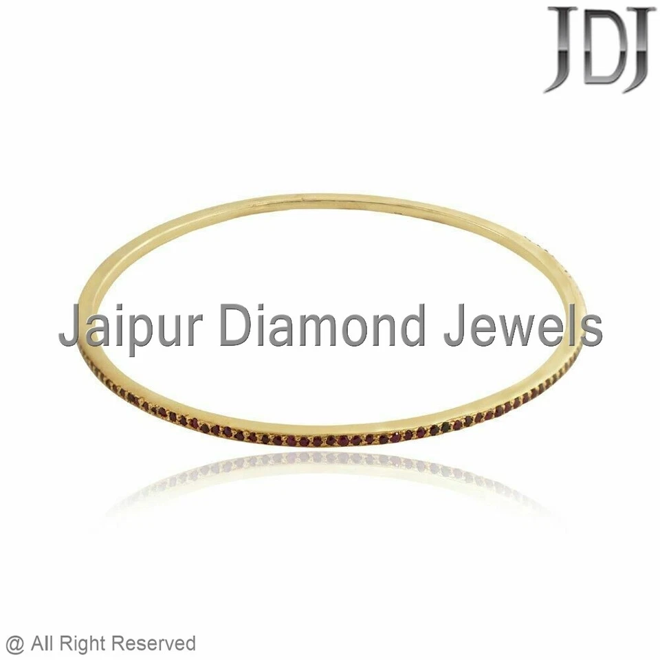 Genuine Red Ruby Gemstone Sleek Bangle 925 Sterling Silver Gold Plated Jewelry - Image 1 of 4