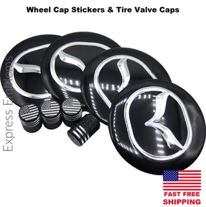 4 Mazda Wheel Cap Hub Sticker Decals 2.2" 56mm Black & 4 Tire Valve Stem Caps - Picture 1 of 4