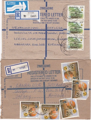 Zimbabwe 1990-8 3 Registered letters to Jersey 2 London 1 Cover