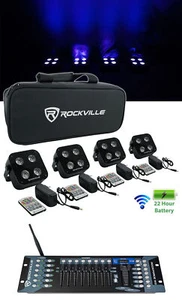 Rockville 4 PACK MINI RF4 Black DJ Par Lights+Bag+Remotes+Wireless DMX Control - Picture 1 of 12