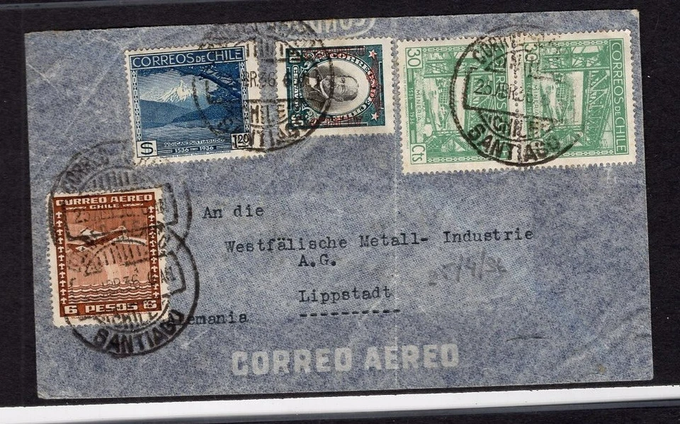 Chile 1936 airmail Santiago to Germany great mixed franking IV - Image 1 of 1