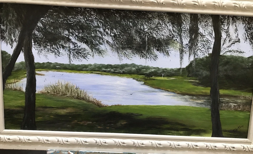 GOLFING ON AMELIA ISLAND painting framed acrylic - Изображение 1 из 1