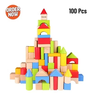 100 pcs Wooden Building Blocks Set Learn Education Toy for Kids Boys Girls Gift - Picture 1 of 7