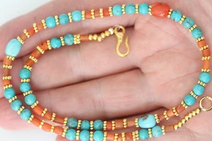 Rare Necklace With Genuine Turquoise, Red Coral, Gold Bronze Beads - Picture 1 of 3