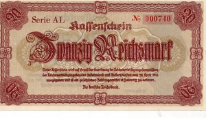 GERMANY 20 REICHMARK 1945 P 187. SUDETENLAND WWII. UNC CONDITION. 5RW 04JUN - Picture 1 of 1