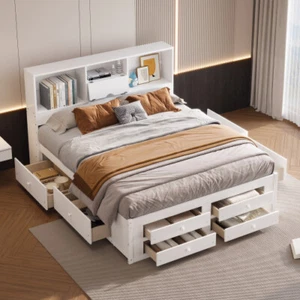 Queen King Size Platform Bed with Storage Drawers Bookcase Headboard Bed Frames - Picture 1 of 44