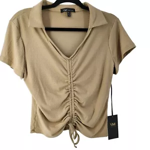 YMI Collections XL Beige Ruched Ribbed Knit Top - Short Sleeve V-Neck Size XL NW - Picture 1 of 7