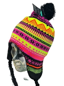 Mens & Women's pom pom hat, neon retro vintage bobble hats - Picture 1 of 4