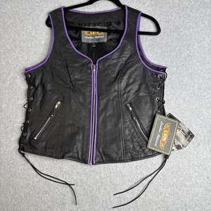 Unik NWT Leather Vest Side Lace Zip Biker Motorcycle Black/Purple Women Size XL - Picture 1 of 6