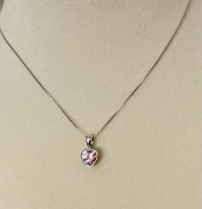925 Silver 14” Box Chain Pink Sapphire Heart Pendant Necklace October Vintage - Picture 1 of 12