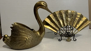 VTG LOT Unbranded Brass Swan Bird Planter Gold 8" + LEAFY FAN 11 1/2" MCM TAIWAN - Picture 1 of 7
