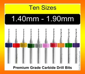 Drill Bit Set -10 Sizes From 1.4mm to 1.9mm .055 to .0748" Carbide 1/8 Shanks C2 - Picture 1 of 4
