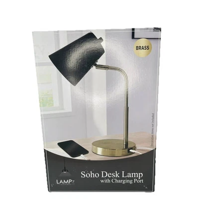 LAMPz Soho Desk Lamp Black & Brass Adjustable Shade & USB-C Charging Port, 15.5" - Image 1 of 3