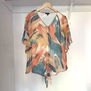 Cocomo Top zum Binden vorne Kunstfarbe abstrakt orange türkis Damen 2X Glockenflatterärmel - Bild 1 von 11