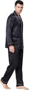 Pajamas Set Mens Silk Satin Pajamas Long Sleeve Loungewear Two-Piece Sleepwear B - Picture 1 of 12