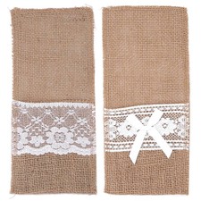 10pcs Burlap Lace Cutlery Holders Vintage Jute Cutlery Pocket Wedding Decor #Z