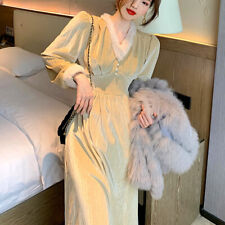 Women Dress Velvet Velour Fur V-neck Long Sleeve High Waist Vintage Banquet