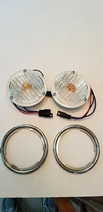 FITS JEEP CJ 5,6 PARKING LAMPS 1969-1975 PAIR NEW 3 HOLE WITH STAINLESS BEZELS - Picture 1 of 4