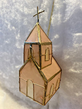 Vintage Pink Capiz Shell Figural Church Easter Christmas Ornament 4.5” Gold Trim