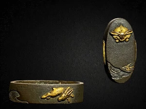Antique Fuchi Fushi Kashira Japanese AUTHENTIC Edo Period Rabbit Bunny Nobuyuki - Picture 1 of 24