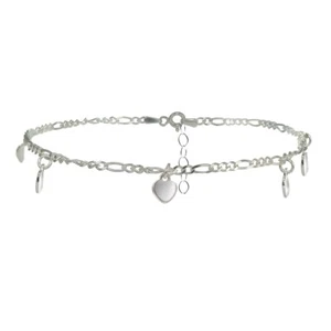 Sterling Silver Figaro Chain Anklet with Dangling Heart Charms