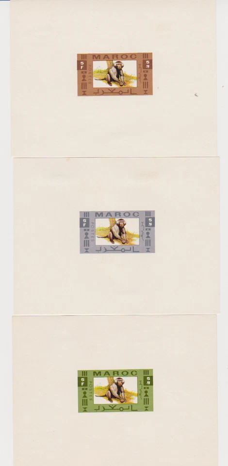 Morocco 5Fr. Monkey 3 Trial Color Proof Sheets in Green ,Gray and Brown Mint - Image 1 of 1