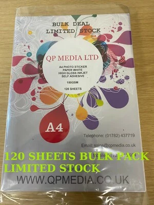 120 SHEETS A4 150GSM WHITE HIGH GLOSS SELF ADHESIVE PHOTO STICKER PAPER INKJET - Image 1 of 4