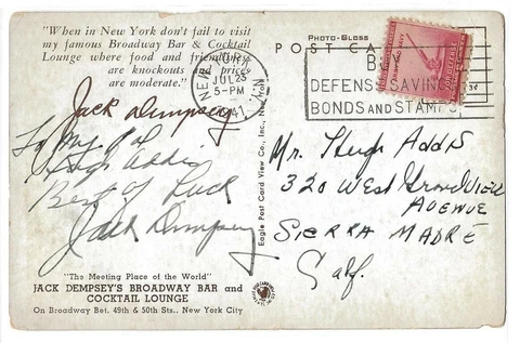 1940s Vintage JACK DEMPSEY Hand Signed Autograph Boxing Postcard to Hugh Addis Cover