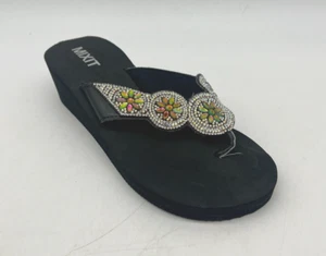 Mixit Beaded Black Wide Strap Wedge Flip Flops Sandals Women's Size 6 - Picture 1 of 13