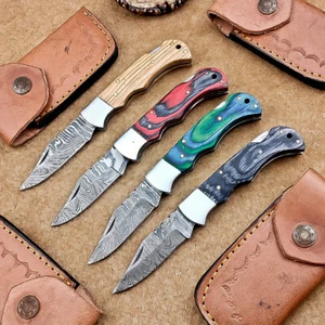 LOT OF 4 PCS! Handmade Damascus Pocket Knives – Folding Knives, W/Sheath IT-304 - Picture 1 of 8