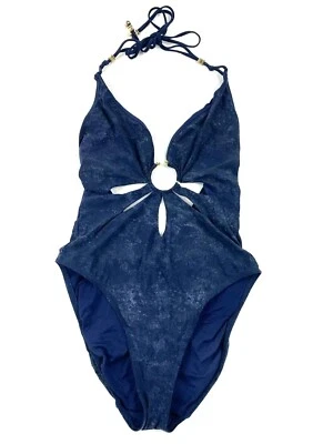 Robin Piccone Sz 8 M Swimming Suit Metal Ring Accent Blue One Piece Cut Out EUC Foto 1 de 4