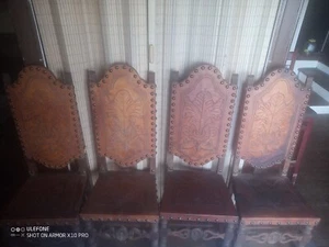 Antique Set Of Four Hand Made Leather Bound Seats - Picture 1 of 24