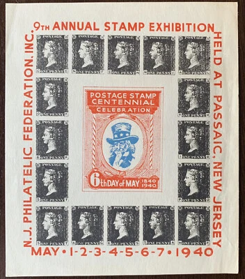 1940 NJ PHILATELIC FEDERATION SOUVENIR SHEET 9TH ANNUAL STAMP EXHIBITION - Image 1 of 4